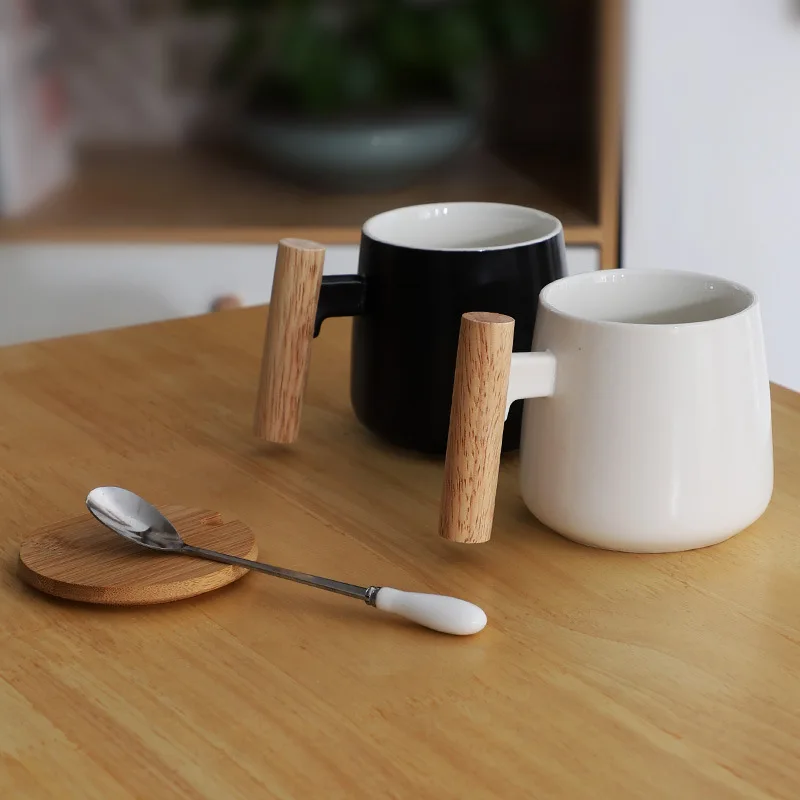 380ml Ceramice cana de cafea cu capac și spoonSimple Scandinave mâner de lemn cuplu birou cana,cani Ceramice, cani de cafea