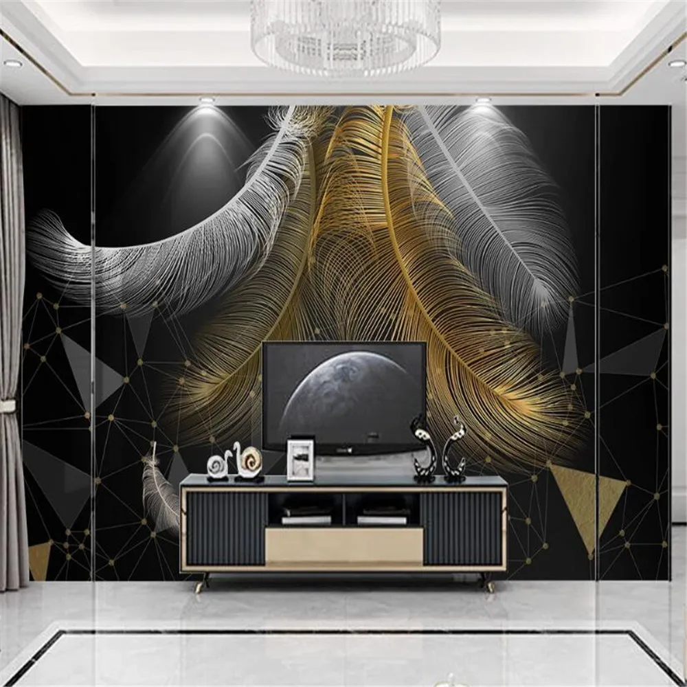 Milofi personalizate 3D tapet mare pictură murală 3 minimalist modern cu pene aurii, model geometric TV, canapea de fundal de perete