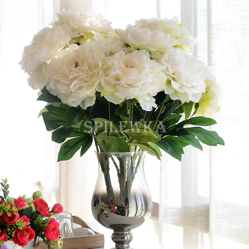 1 Buchet Mare De 5 Capete de Bujori Albi de Înaltă Calitate Bujor Mătase Buchet de Flori Artificiale, Flori pentru Nunta, Decor Acasă Trandafiri