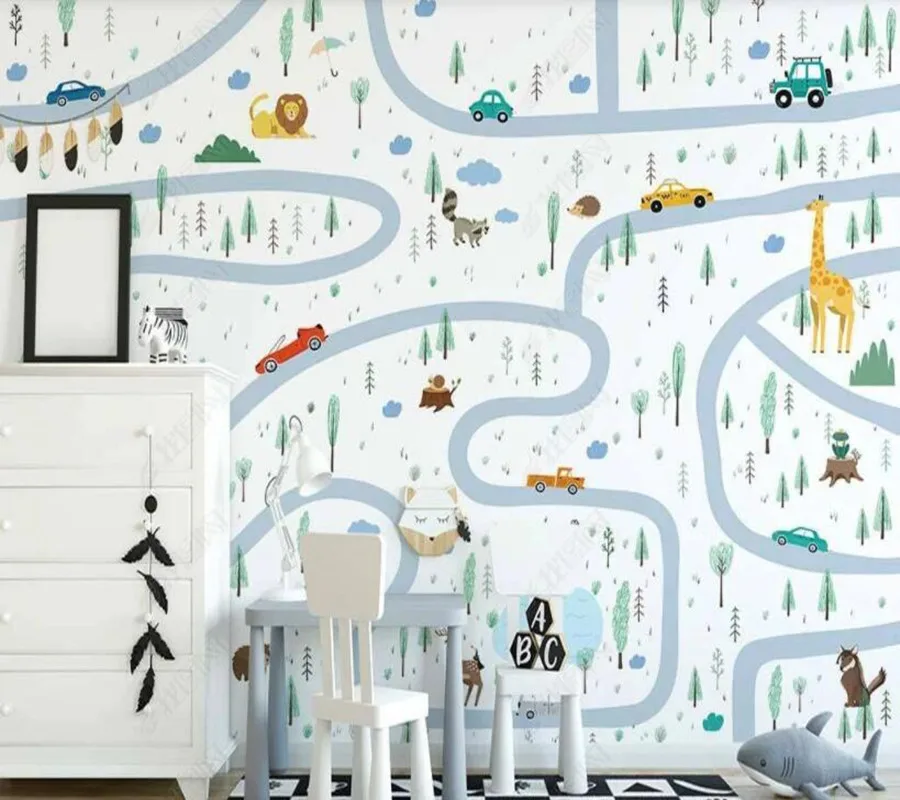 Papel de parede de mână-pictat desene animate masina de drum desene animate animal park pentru copii camera 3D tapet mural,living decor acasă