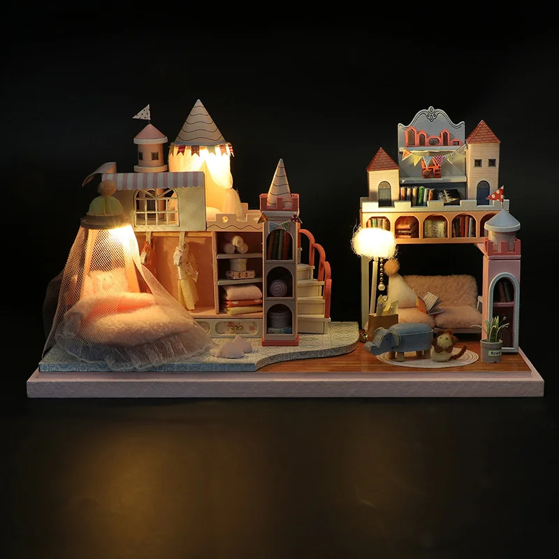 DIY Casa de Păpușă de Lemn Miniaturi Kit de Construcție Camera de Printesa Casa Papusilor, Cu Mobilier de Lumini cu LED-uri Vila Jucarii pentru Fete Cadouri