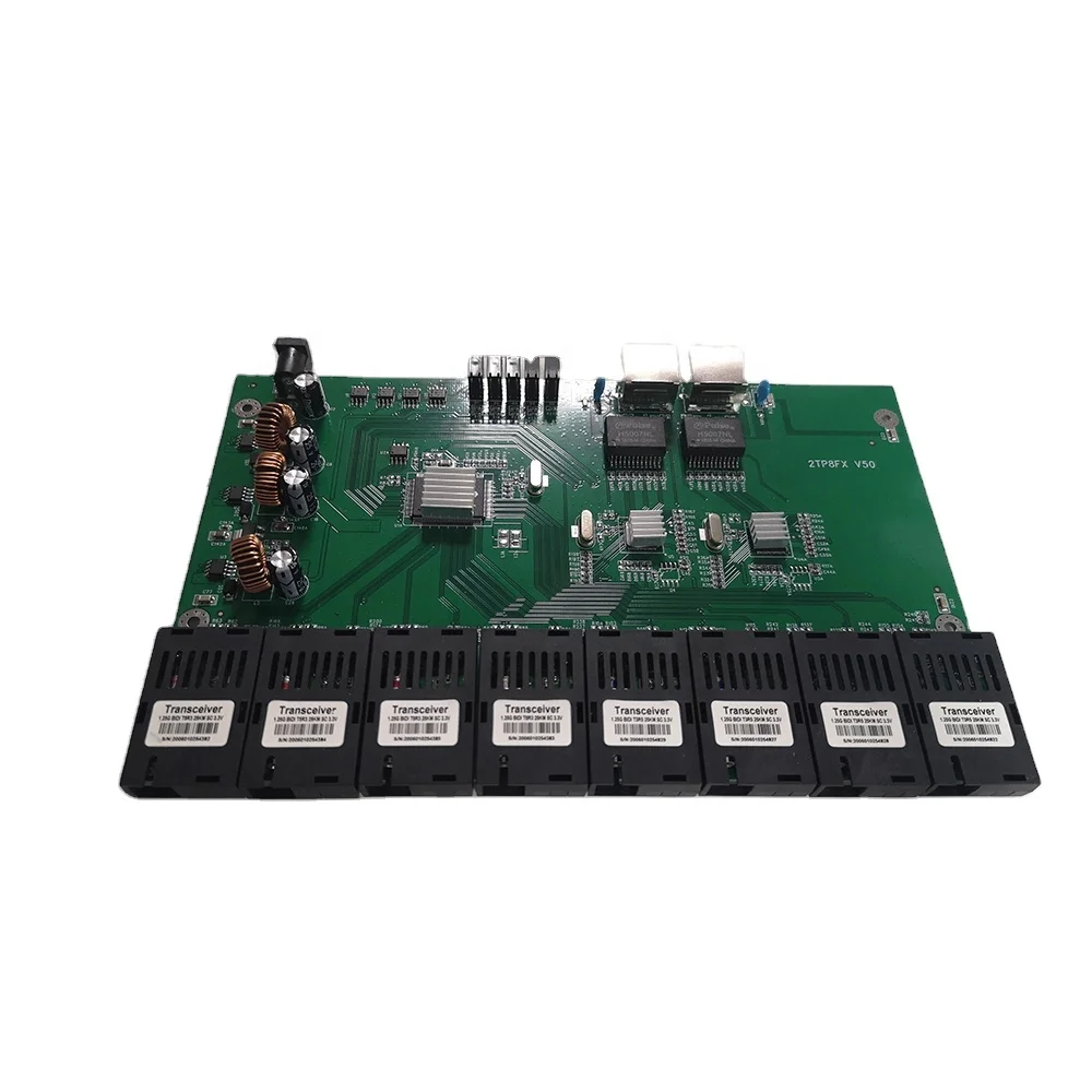 Wanglink Switch Gigabit Ethernet Fiber Optic Media Converter 8 Port 1.25 G, SC 2 RJ45 10/100/1000M PCBA bord