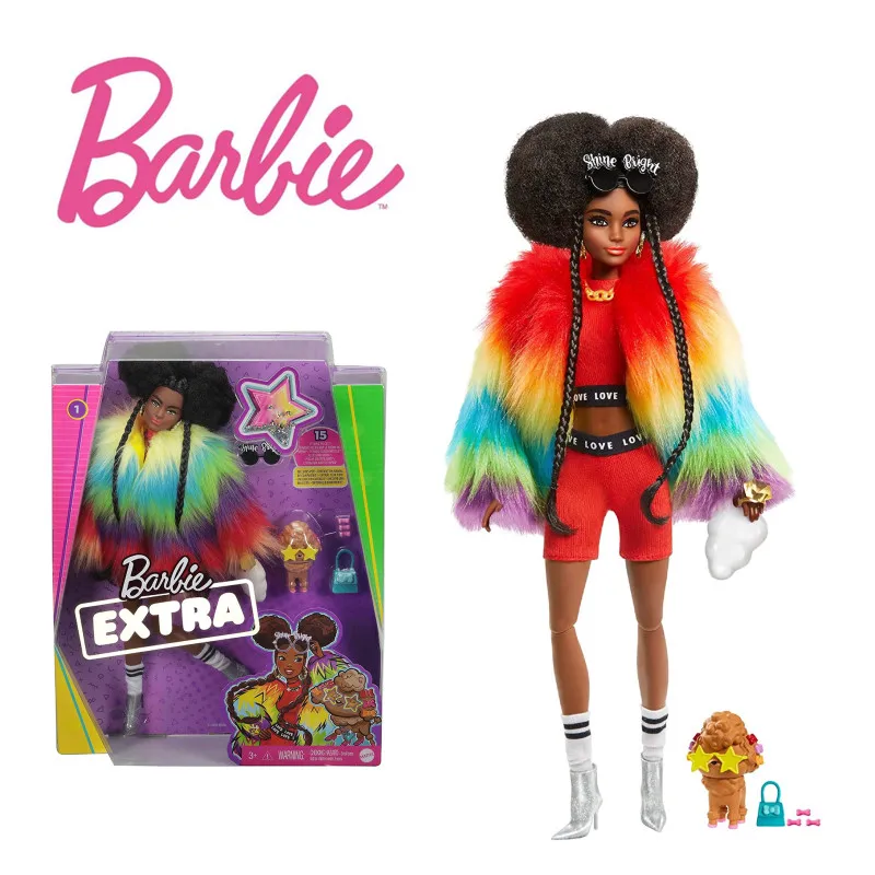 Barbie Suplimentar Papusa #1 În Blană Curcubeu Haina Pudelul Bruneta Afro-Bufe Impletituri Straluceasca Luminos Ochelari De Soare De Acțiune Figura Model De Jucărie