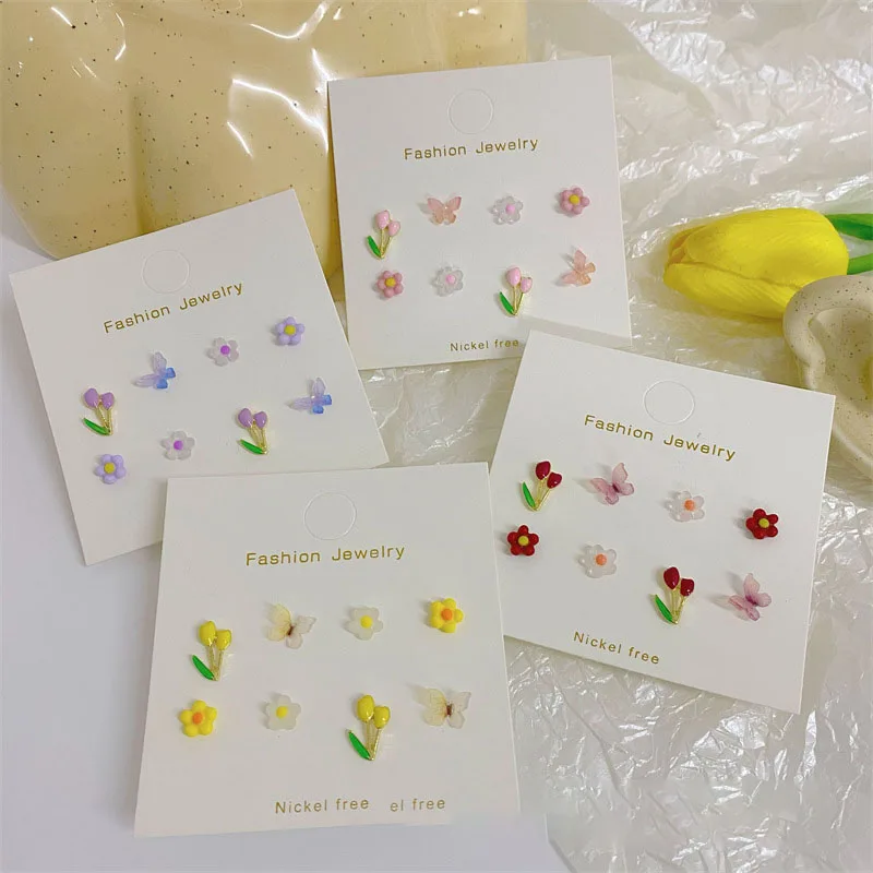 8pcs/set Moda Simplu Tulip Fata Cercei Ins Violet/Galben/Roz Floare Fluture Set Cercei Accesorii Cadouri Pentru Femei