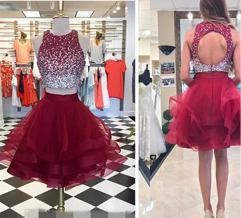 Scurt Două Bucăți Visiniu Rochii de Bal 2019 Două Bucăți de Cristal Top Volane Tul Jewel Neck Homecoming rochie de Petrecere de Absolvire
