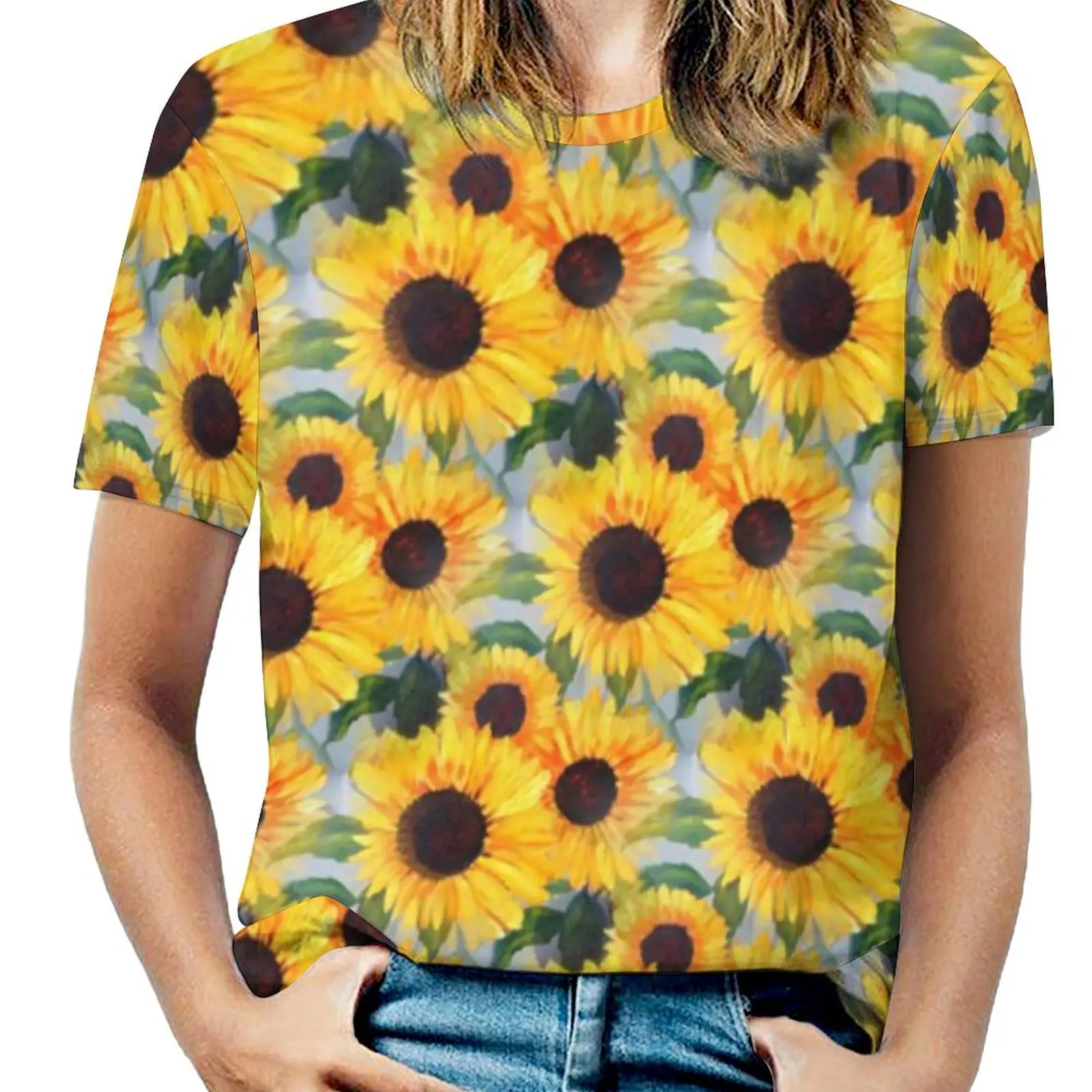 Floarea-soarelui galben Tricou Luminos Floral Print Trendy T-Shirt cu Maneci Scurte Topuri Doamnelor Moda coreeană Sus Teuri de Dimensiuni Mari 5XL 6XL