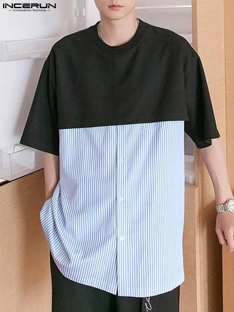 INCERUN Topuri 2022 Stil coreean de Culoare Solidă pentru Bărbați Mozaic T-Shirt Casual Streetwear de sex Masculin cu Dungi, Maneci Scurte Camiseta S-5XL