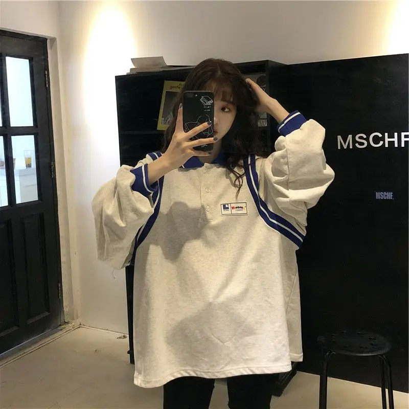 Polo guler Stil Preppy cu mâneci lungi T-shirt femei tendință Harajuku coreean primavara toamna împletit hip hop topuri de sport unisex
