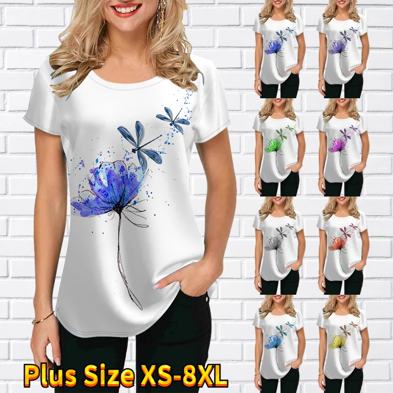 2022 Noi Ummer de sex Feminin Libelula Imprimare Maneci Scurte Largi Oversize T-shirt Fluture Pulover de zi cu Zi de Îmbrăcăminte Doamnelor Pulover