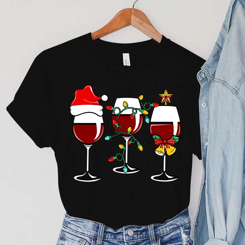 Moda Streetwear Crăciun Lumina T-shirt pentru Femei Maneci Scurte Vintage Te de sex Feminin Drăguț Tricou Santa Pahar de Vin de Imprimare de Desene animate