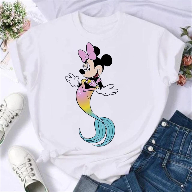 Moda Sirena Desene animate Disney Minnie Print T-shirt Femei Îmbrăcăminte cu Mâneci Scurte Alb Y2K Topuri Casual sex Feminin Tricouri Copii Tees