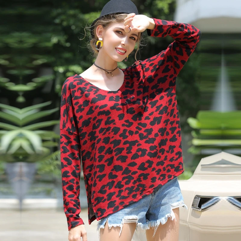 Doamnelor Roșie cu Buline Tricou de Moda Streetwear-Sexy Leopard Print cu Maneci Lungi Tricou V-neck Top T-shirt Femei Teuri Bluza Vrac