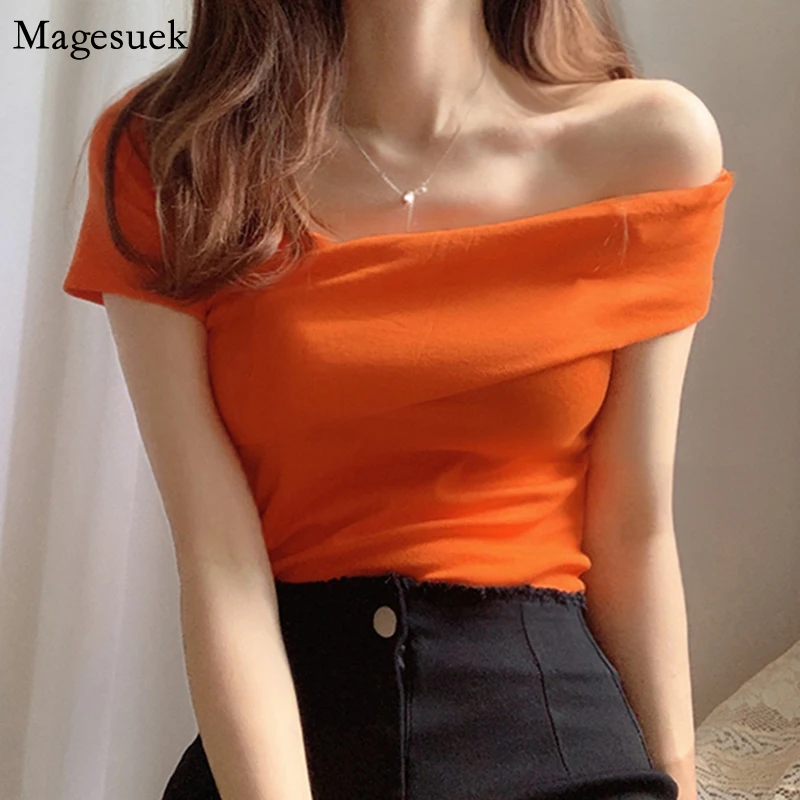 Stil Coreean De Vară De Pe Umăr Bumbac Tricou Femei Maneci Scurte Tee Cămașă Femme Moda Solid Slim Cămăși Albe Blusas 13851