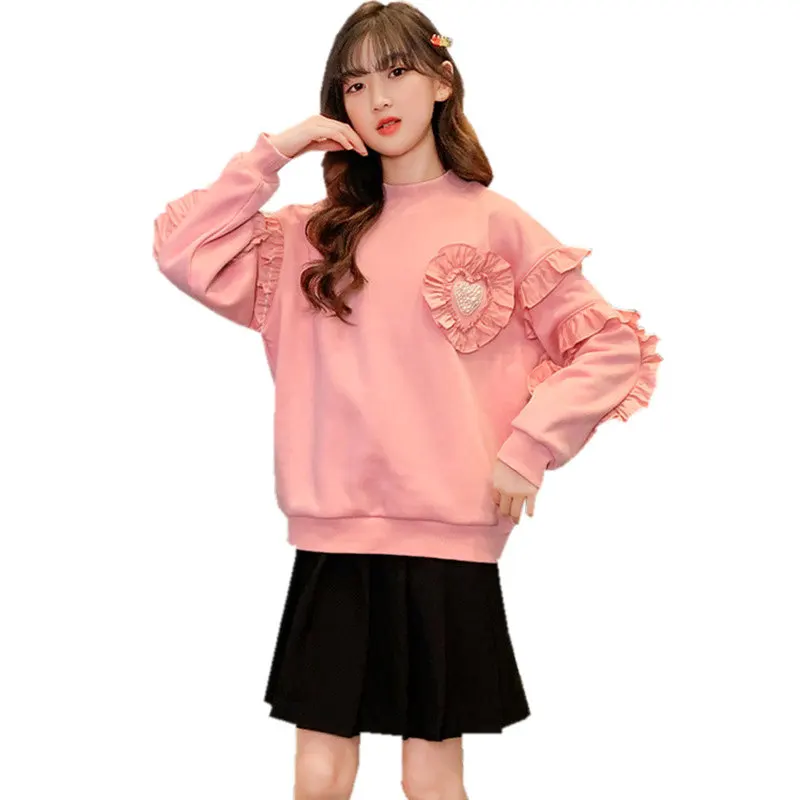 Toamna Haine Copii Fete Drăguț Ruched Model de Tricou Maneca Lunga Copii de Moda de Îmbrăcăminte de Primăvară Bumbac coreean Topuri 5-14Y
