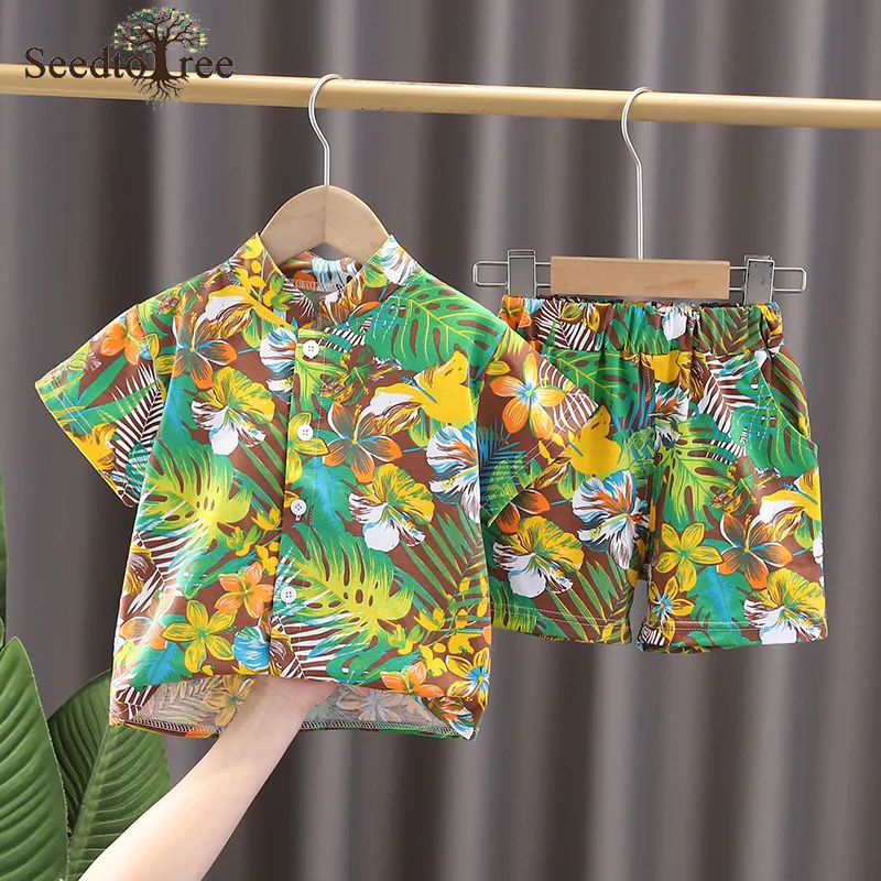 2022 Casual de Vara pentru Copii Seturi de Imprimare Florale Singur Pieptul Camasa cu Maneci Scurte Talie Elastic pantaloni Scurți Două Bucata Costum