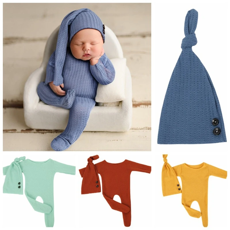 2 Buc Nou-născut Recuzită Fotografie Îmbrăcăminte Copil Romper Coada Lunga Nod Hat Set Tricotate Bodysuit Căciuli Capac Kit pentru Sugari neonata