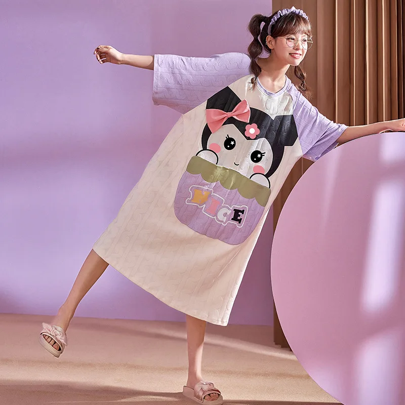 Sanrio Kuromi Cinnamoroll Kawaii Cămașă de noapte pentru Femei de Vara Noi Bumbac Desene animate Drăguț Mid-lungime Pijama Subțire Haine de Acasă
