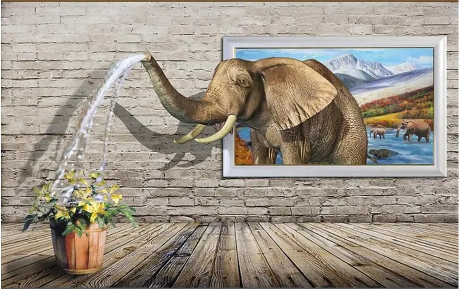 3d picturi murale tapet pentru camera de zi Elefant spray-uri de apă pe zid de caramida decor acasă fotografie tapet pentru pereți 3 d