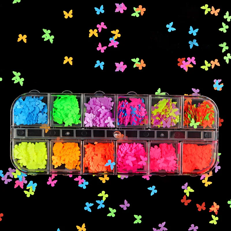 12 culori in set de Fluorescență Fluture Forma de Inima Nail Art Glitter Amestecat dimensiunea de Unghii Sclipici Fulgi 3D Paiete Paillette Pulbere
