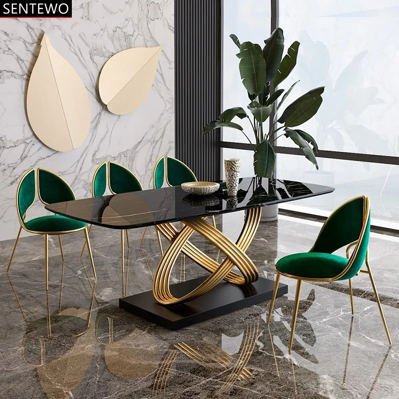 Set de Masă 6 Scaune Italian Modern de Lux din Marmură Sufragerie, Set Masa si Scaune din Oțel Inoxidabil Placare cu Aur de Bază Sillas