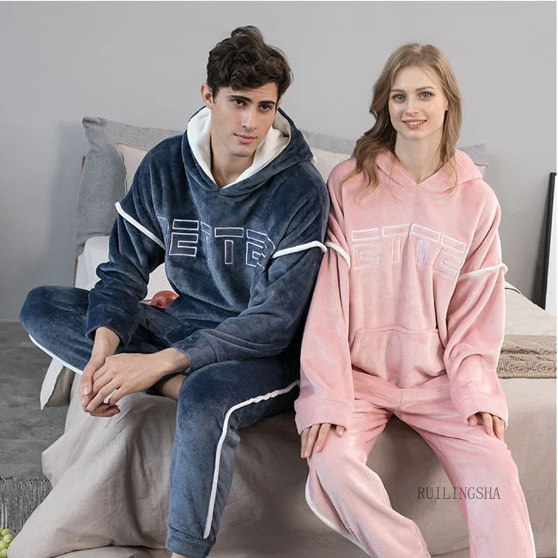 2021 Nou cu Gluga Flanel pentru Bărbați Pantaloni de Pijama 2 Piese/Set Gros de Iarna Cald Pijamale Pentru Cupluri Liber Casual Acasă Costume