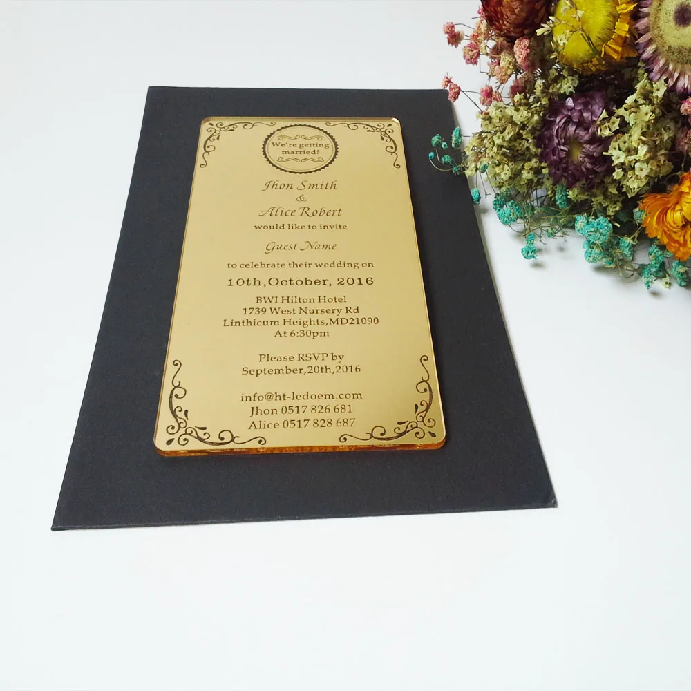 Personalizate 100*180mm cu laser gravat cu litere de aur de lux oglindă acrilică invitatie de nunta card (1lot=100buc)