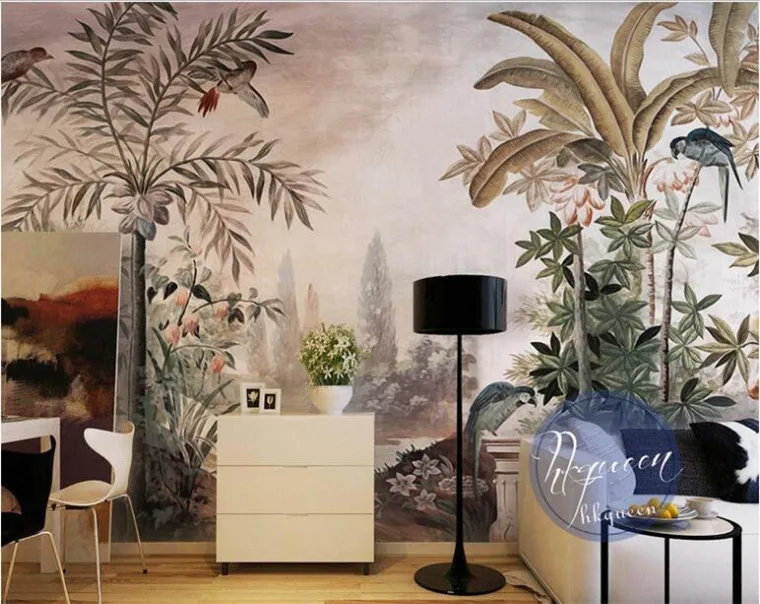 Personalizate pe scară largă frescă în stil retro-stil mână-pictat planta tropicala perete de fundal tapet non-țesute