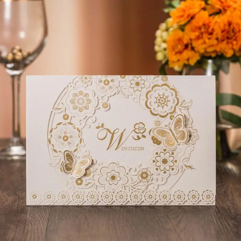 50pcs/pachet Delicat Sculptate de Aur Butterlies Romantic Petrecere de Nunta Carte de Invitație Plic Invitații de Sărbătoare