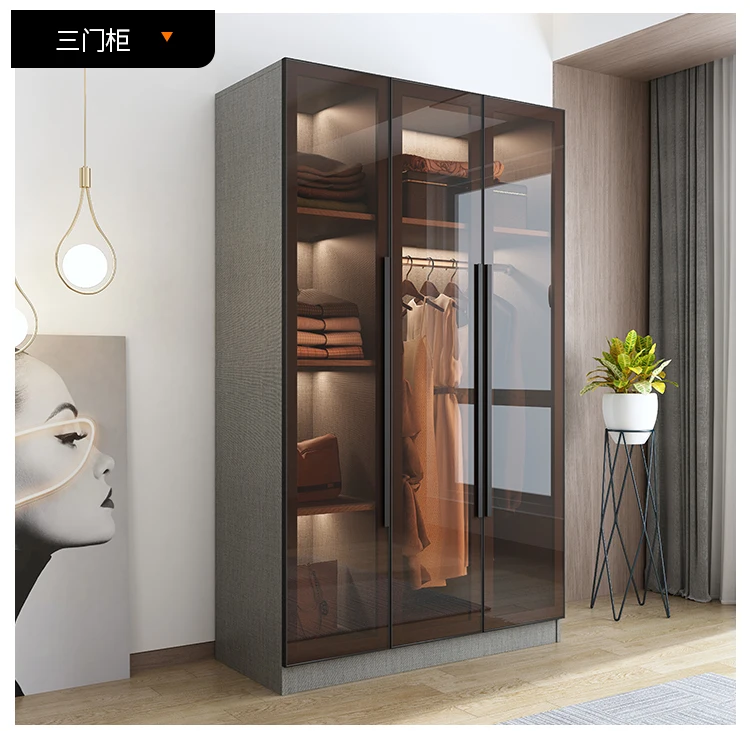 Garderoba de uz casnic dormitor simplu și modern de lux lumina dulap combinație personalizate ușă de sticlă dulap colț mic