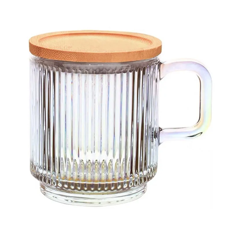 Clar Pahar De Lapte Ceașcă De Ceai Cu Maner Cu Dungi Cana De Sticlă De Înaltă Temperatură De Sticlă Ceașcă De Cafea Cana De Apa Cu Bambus Capac Drinkware