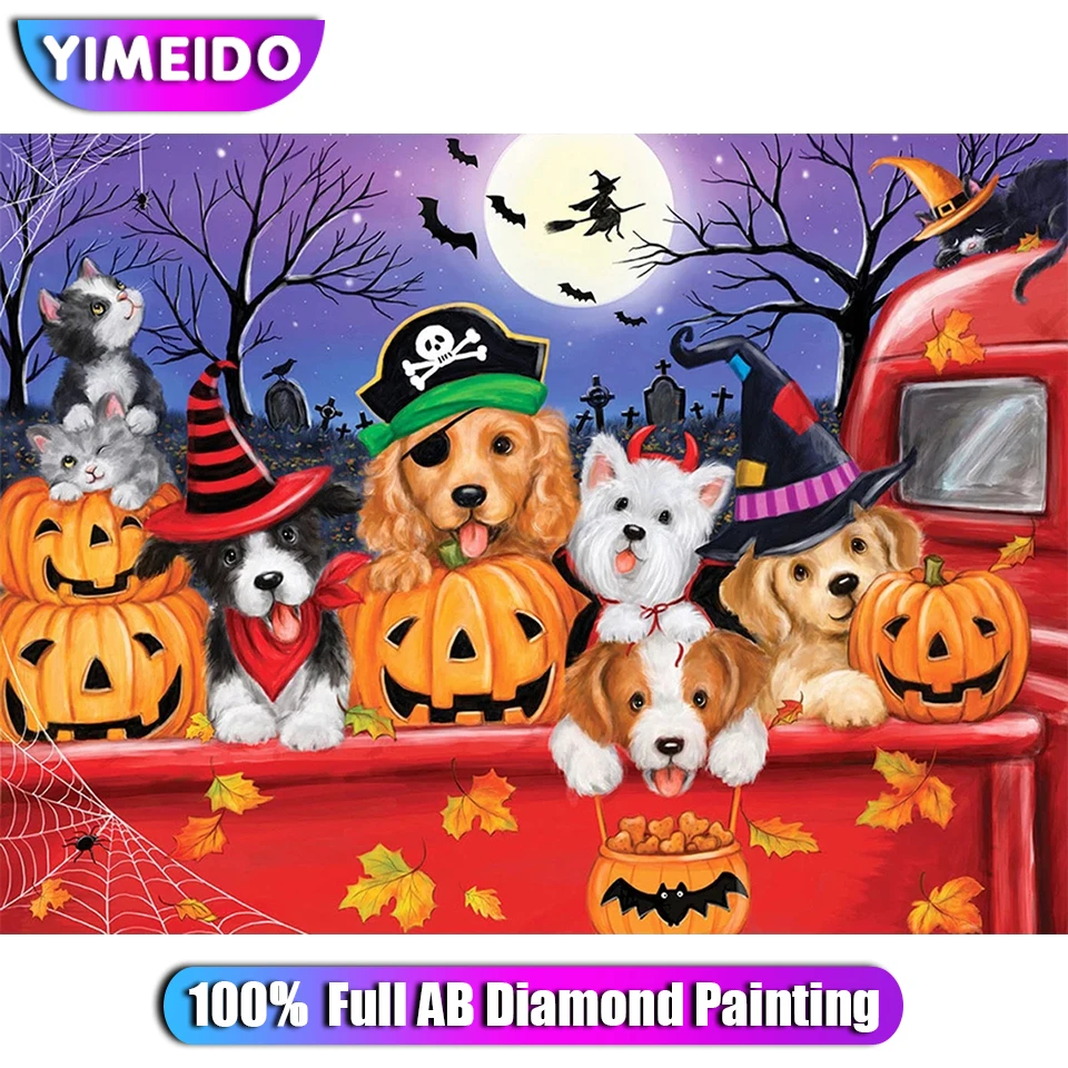 YiMeiDo Halloween Animale Full 100% Patrat/Rotund AB Diamant Pictura Câine Vrăjitoare Luna 5D DIY Diamant Broderie Decor Acasă Cadou