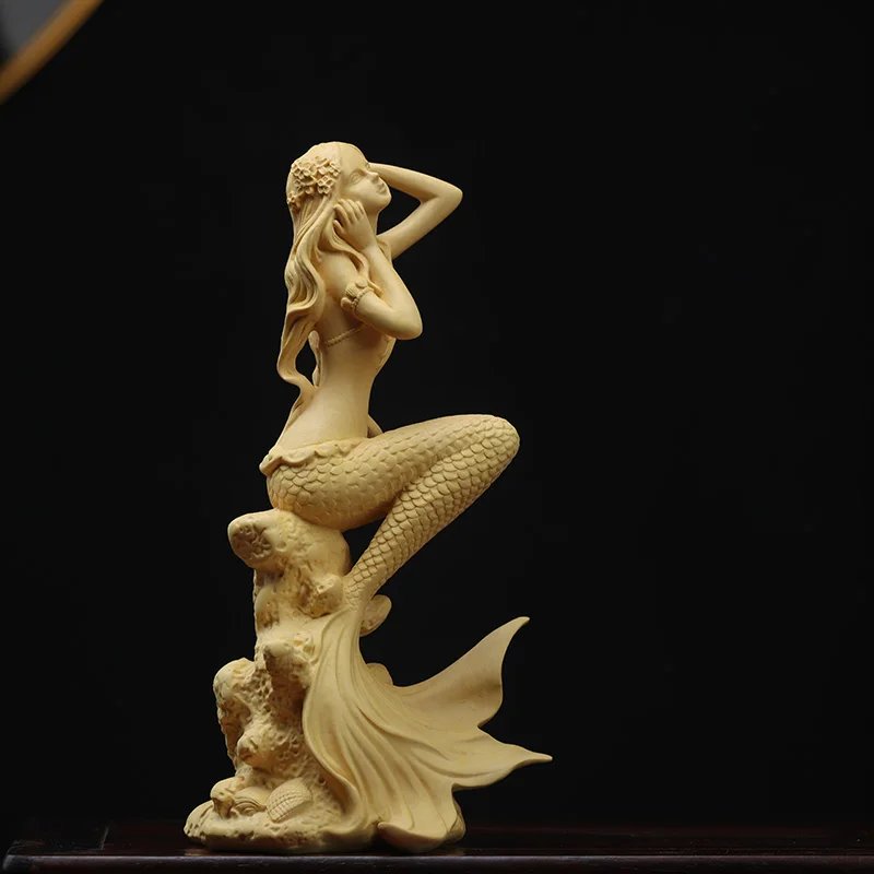 Cimișir 15cm 19cm Sirena Sculptura de Decorare Camera de zi Mare Frumusete Figura Lemn Statuie Sirena Decor Acasă