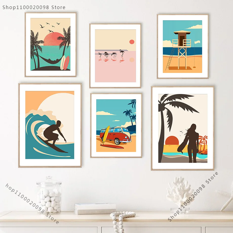 Desene Animate Peisaj Marin Sea Beach Val De Palmier Flamingo Arta De Perete Panza Pictura Nordică Postere Si Printuri Imagini Pentru Living Decorul Camerei