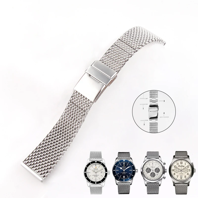 22mm 24mm Argint Plasă Watchband Pentru Bretiling Barbati Ceas de Înlocuire Curea din Otel Inoxidabil Solid Link-ul de Ceas de mână Brățară