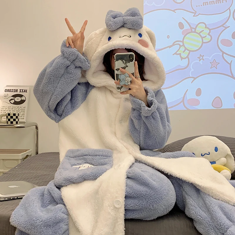 Kawaii Melodia Mea Cinnamoroll Cusatura Flanel Gros Pijamale Femei De Iarna Anime Sanrioed Fata Cu Inima Caldă Timp De Pluș Haine De Acasă