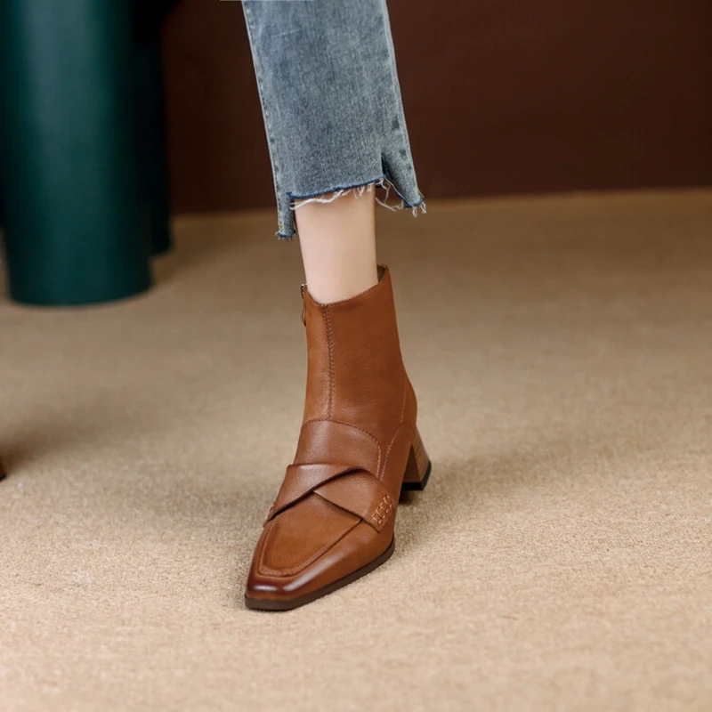 NOU Pantofi de Toamnă Femei Square Toe Tocuri inalte Geunine Cizme din Piele Toc Indesata Glezna Cizme pentru Femei Mature Cutat Cizme Moderne