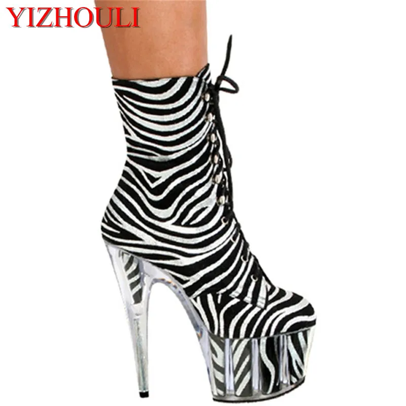 Zebra culoare de 15cm, cizme scurte de transparent coaste de pantofi de club, sexy seductie scurt și de înaltă pantofi pentru femei
