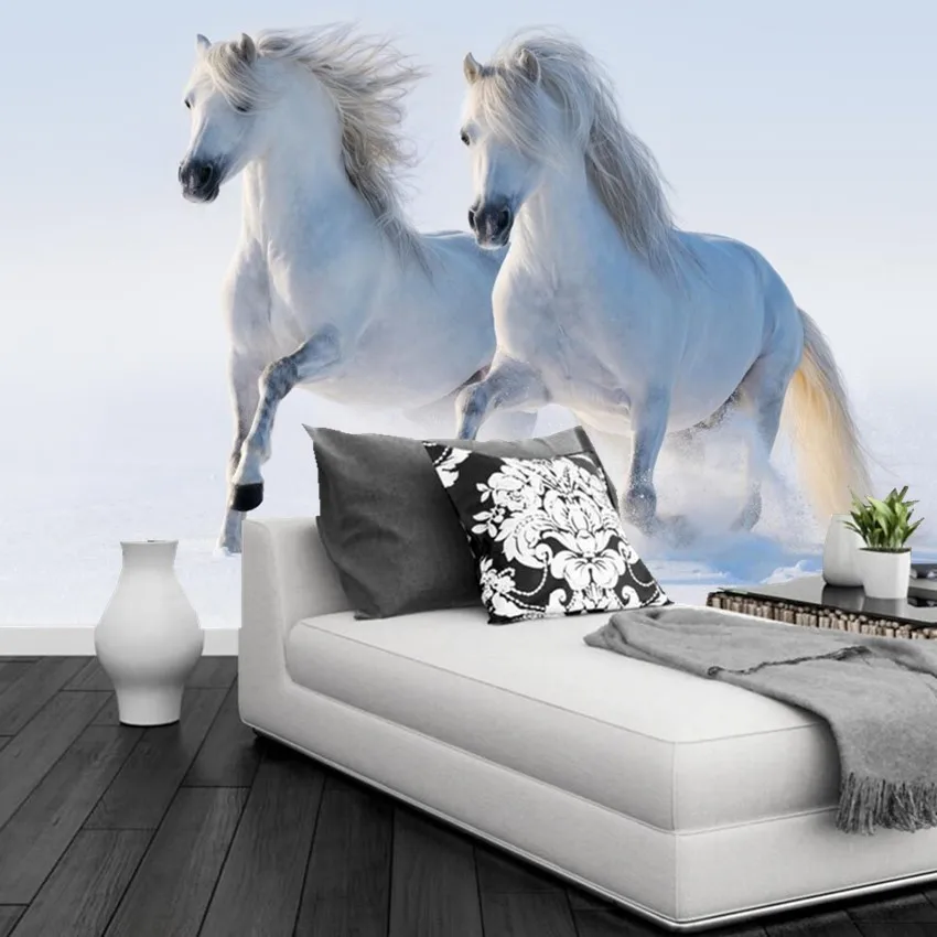 Personalizate 3d murală,Doi cai albi care rulează în zăpadă papel de parede,hotel, restaurant, camera de zi canapea TV de perete tapet dormitor
