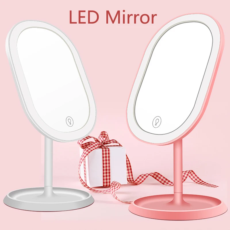 Umplere cu LED-uri de Lumină Oglindă Oglindă de Machiaj Atinge Tri-culoare Lumină de Frumusete Oglinda Ovala Oglindă de Machiaj USB Reîncărcabilă față-verso Oglindă