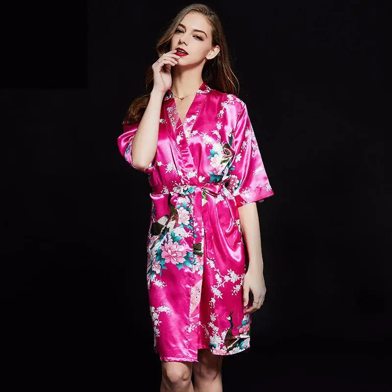 Hot Pink Print Macara Doamna Kimono-Halat Sexy V-Neck Raionul Cămașă De Noapte Pierde Jumătate Maneca Genunchi-Lungime Sleepshirt Fusta De Vara Halat De Baie