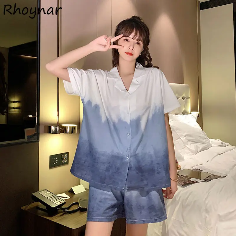 Gradient De Pijama Seturi Pentru Femei De Vară Rândul Său, În Jos Guler De Design La Modă, Elegant Moale Respirabil Acasă Sleepwear Retro Chic Feminin Ins