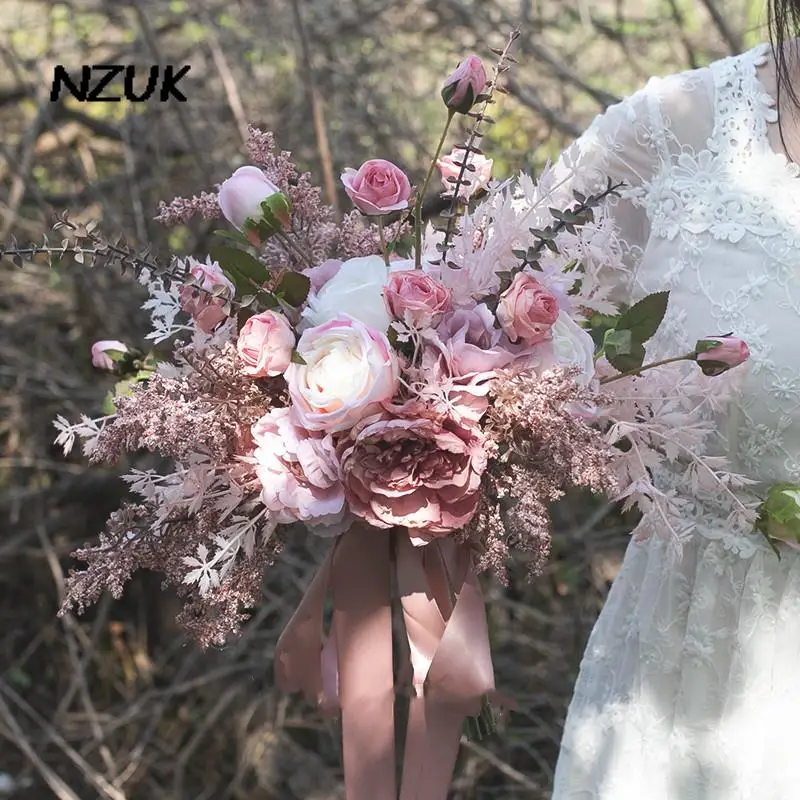 NZUK Morandi roz buchete coreene mireasa, flori de nunta minge elemente de recuzită de simulare buchet de mariage buque noiva
