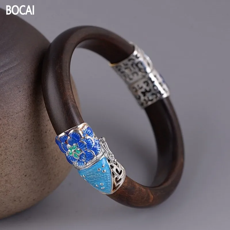 BOCAI Noi Reale 100% S925 argint bijuterii floare bujor ars albastru, de sex feminin abanos brățară stil etnic cloisonne brățară pentru Femei