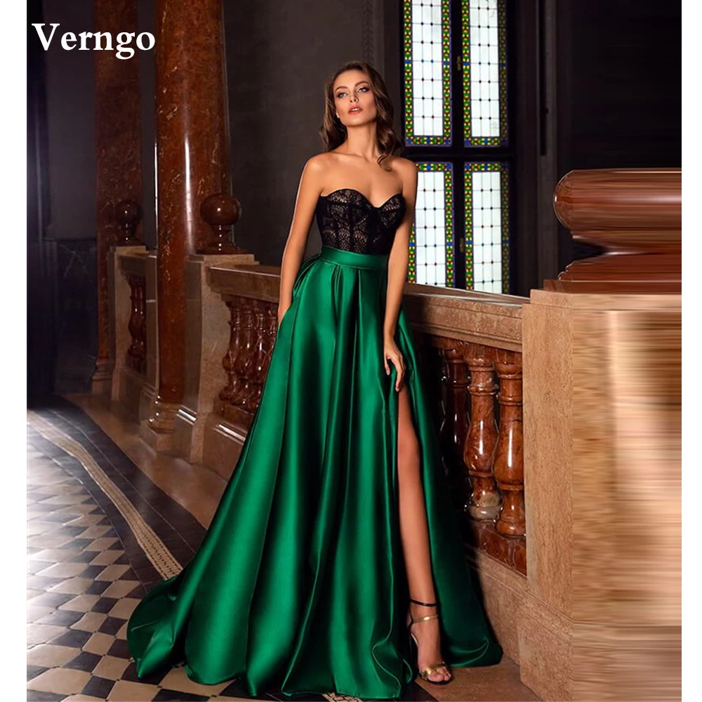 Verngo 2021 Elegant Verde Smarald Satin Rochii De Seara Lungi Dragă Negru Dantelă De Top Fantă Prom Rochii Arc Formale Rochie De Petrecere