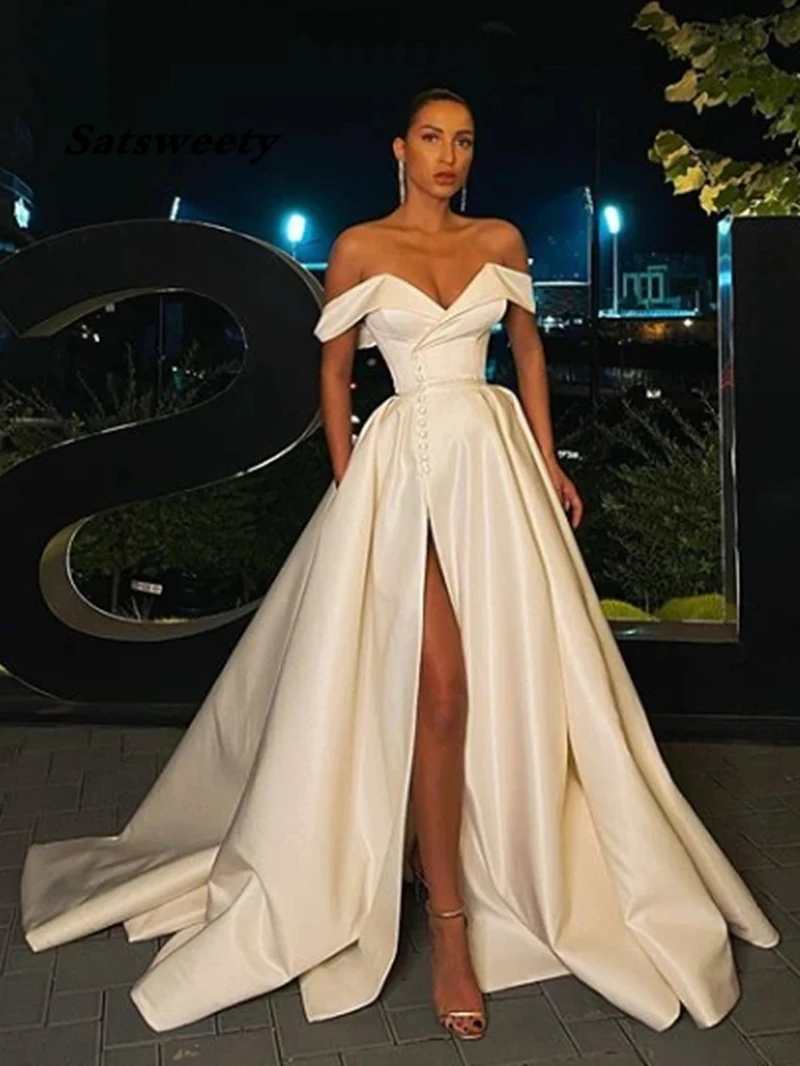 A-line Rochie de Bal 2022 Primăvară Satin de pe umăr V Gât Mare Fantă Lungă Rochie de Seara Formale Elegante Vestidos De Gala