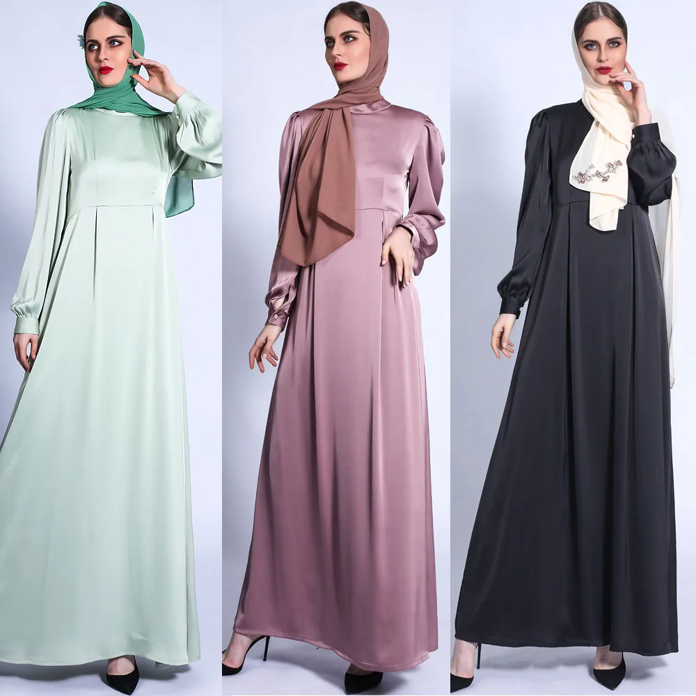 Elegant Musulman Satin Rochie Lungă, Femeile Cu Rochii Cu Maneci Lungi Puf Maneca Petrecere De Nunta Arabă În Orientul Mijlociu Maxi Halat Islamic, Ramadan