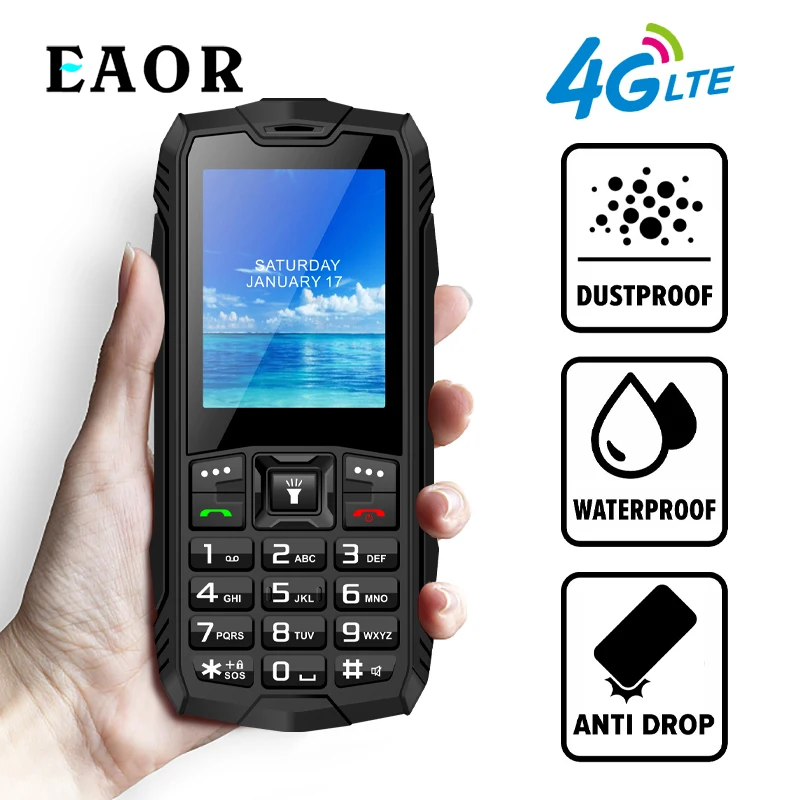 EAOR 4G Caracteristică Telefon rezistent la apa Praf Anti-căderea Telefon Robust 2500mAh Baterie Mare Dual SIM Tastatura Telefon cu Orbire Lanterna