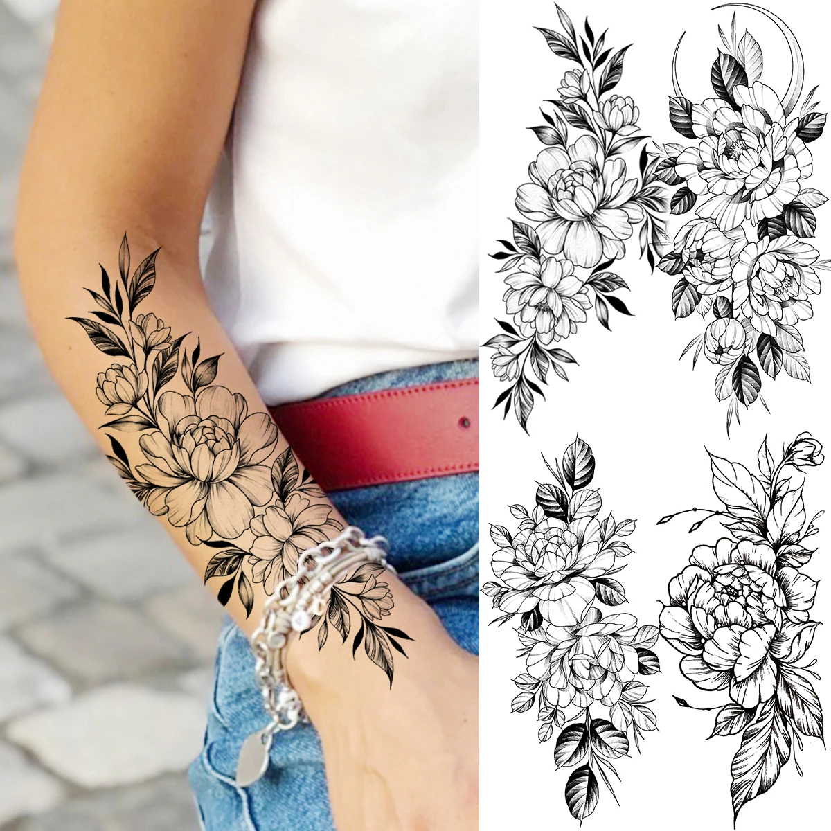 Negru Bujor Flori Tatuaje Temporare Pentru Femeile Tinere Adulte A Crescut Dahlia Luna False Rezistent La Apă Tatuaj Body Art, Pictura Tatuaje Decal