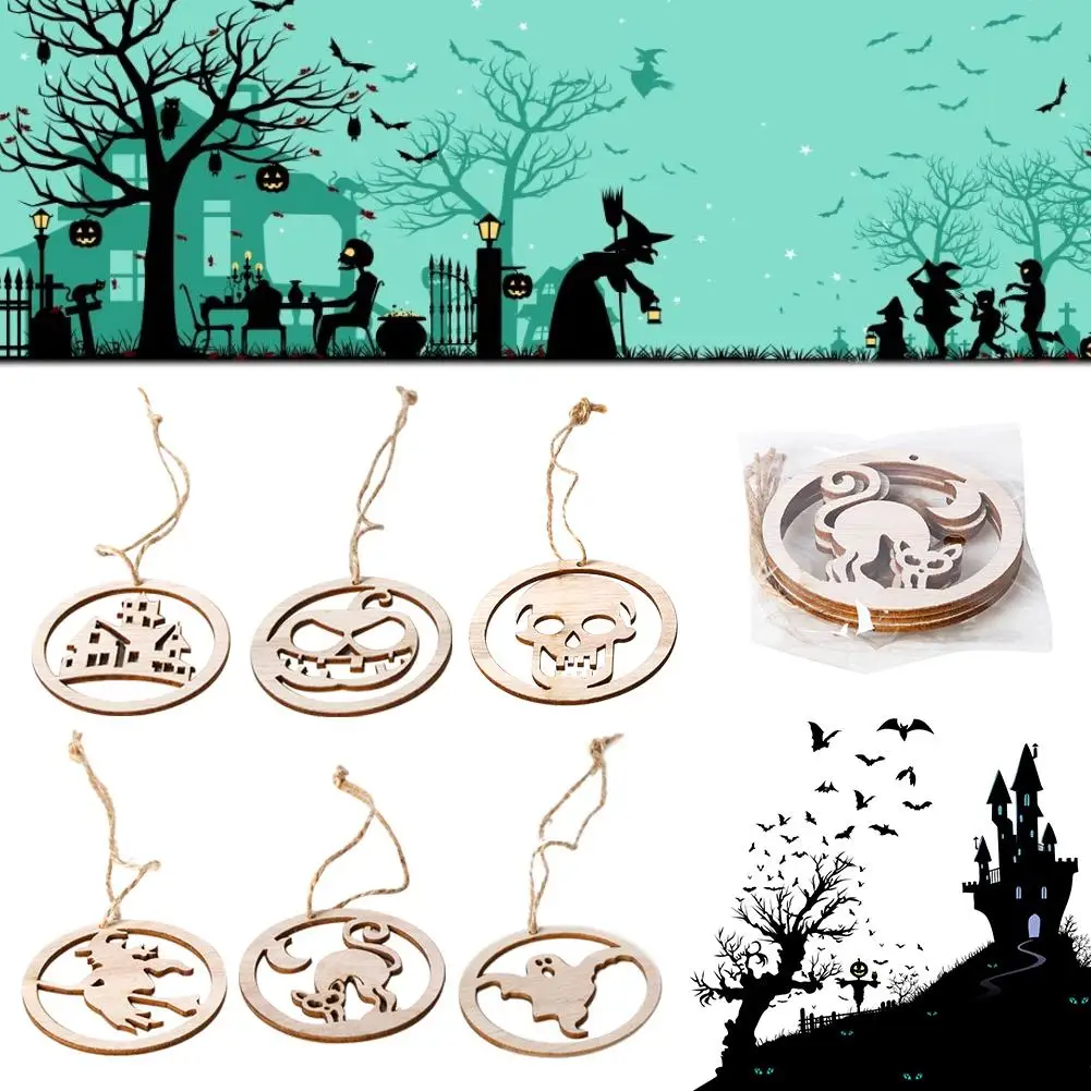 3Pcs Halloween din Lemn Pandantiv Rotund Gol Dovleci/Vrăjitoare/Casa Bantuita/Fantoma/Pisică Neagră în Formă de DIY Hang Tag Ornamente Decor Acasă