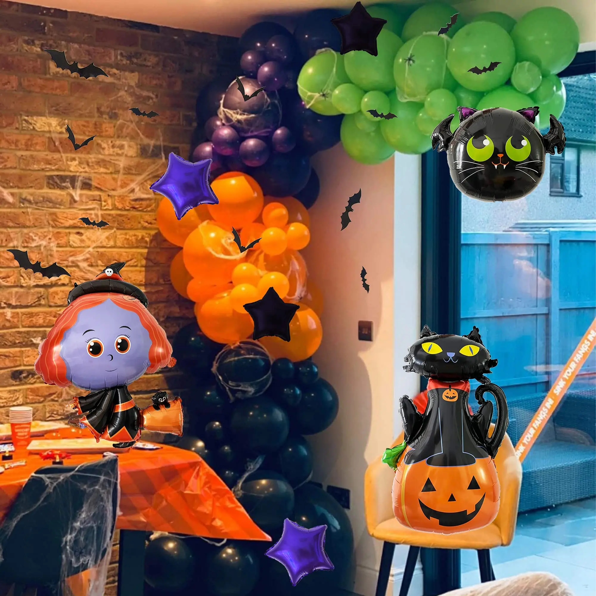 150 Buc Negru Portocaliu Purpuriu Verde Balon Ghirlanda Arc Kit cu panza de Paianjen si Bat Autocolante Halloween Petrecere Decoratiuni